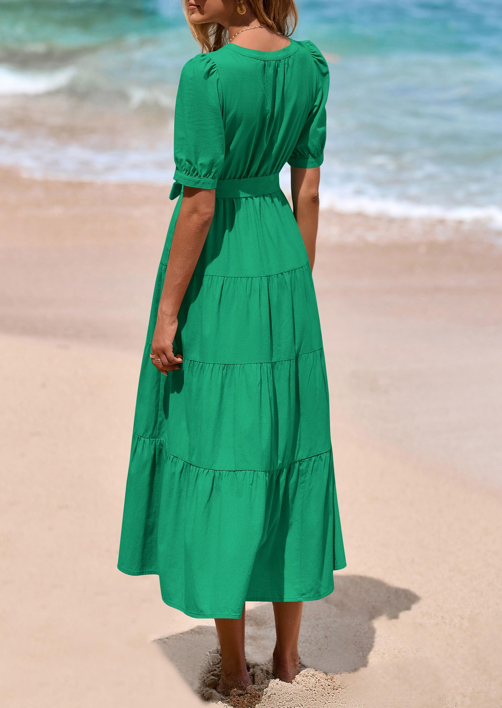 PRETTYGARDEN Women's Midi Dress Casual Short Sleeve V Neck Buttons Belted Ruffle A Line Flowy Dress with Pockets