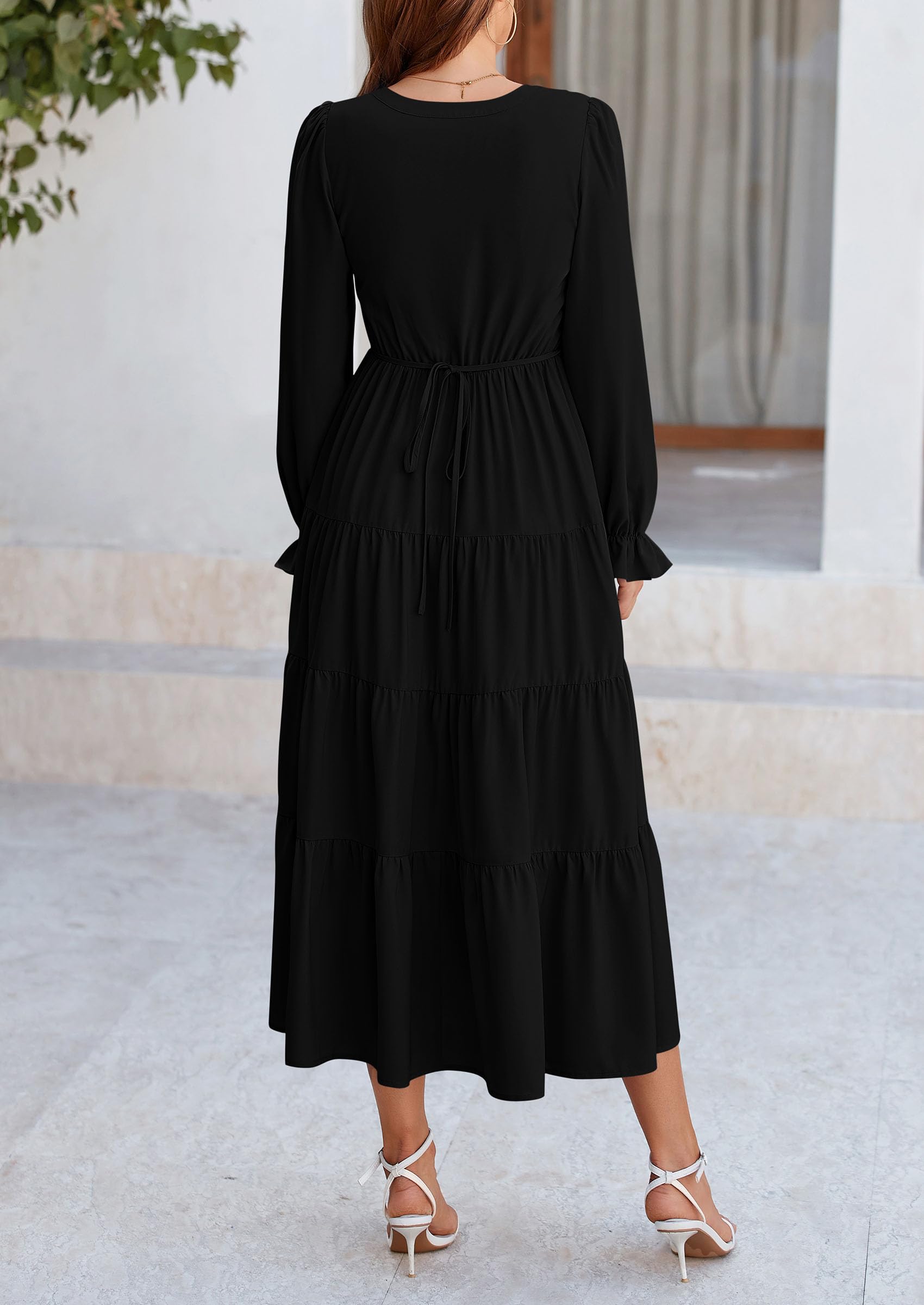 PRETTYGARDEN Women Fall Long Sleeve Smocked Maxi Dress Casual Square Neck Swiss Dot Tiered Ruffle Flowy Spring Pocket Dresses