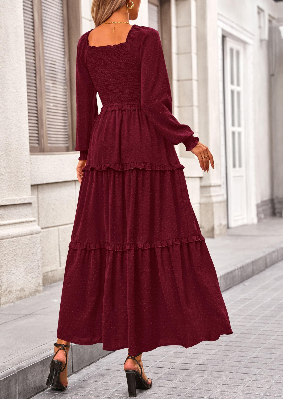 Women's Long Sleeve Smocked Maxi Dress Casual Square Neck Swiss Dot Tiered Ruffle Flowy Pocket Dresses