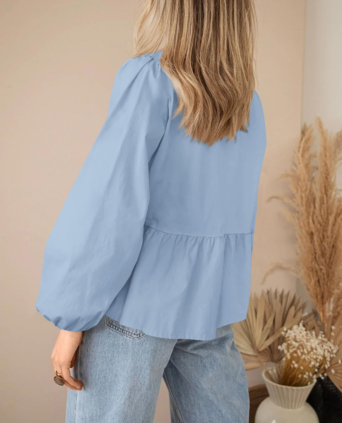 Women's Babydoll Peplum Blouse Shirt Puff Long Sleeve Bow Tie Front Trendy Cute Y2K Going Out Tops