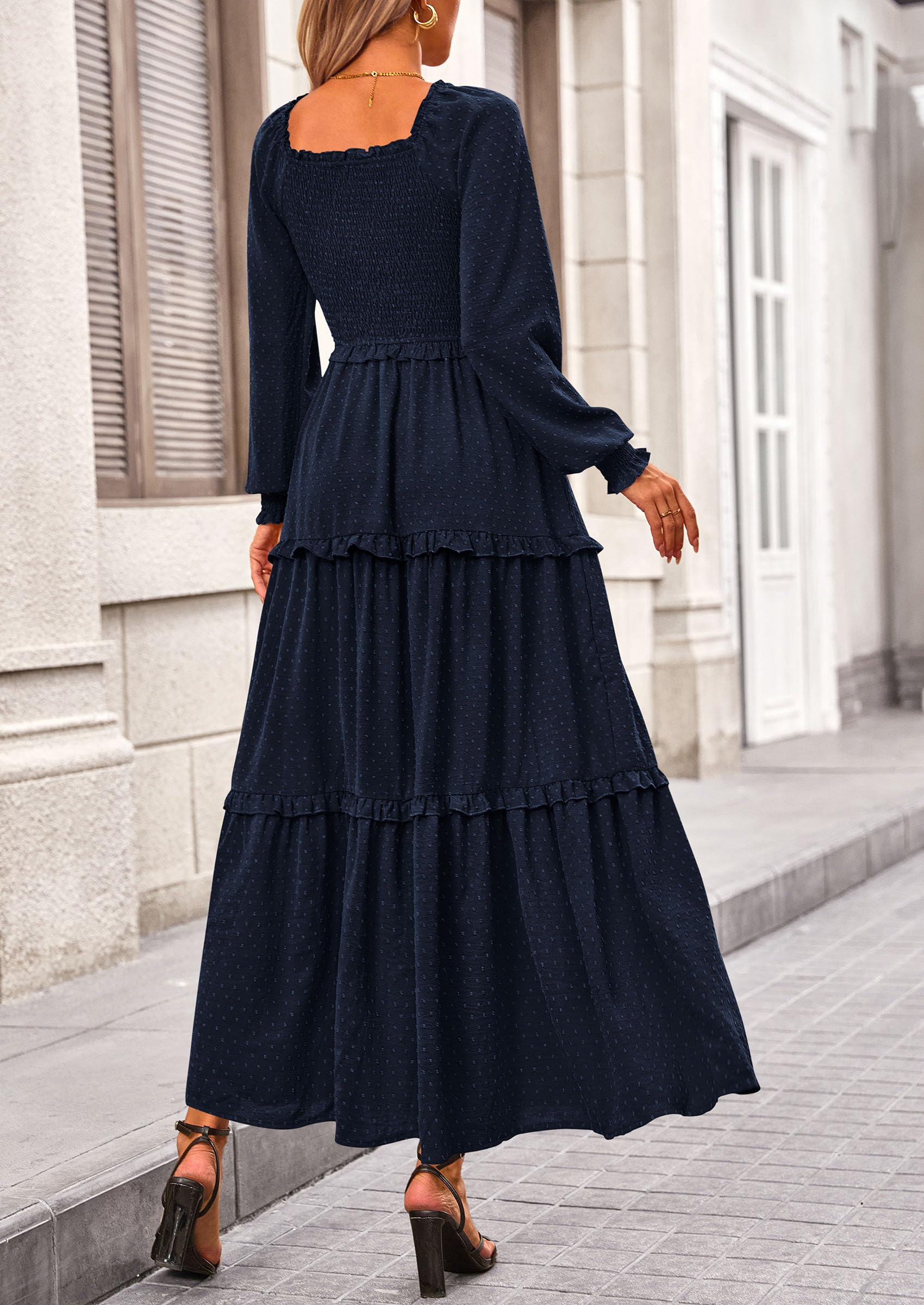 PRETTYGARDEN Women Fall Long Sleeve Smocked Maxi Dress Casual Square Neck Swiss Dot Tiered Ruffle Flowy Spring Pocket Dresses