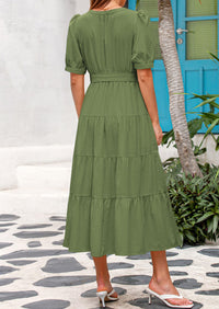 PRETTYGARDEN Women's Midi Dress Casual Short Sleeve V Neck Buttons Belted Ruffle A Line Flowy Dress with Pockets