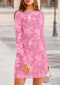 PRETTYGARDEN Women's Fall Fashion Floral Long Sleeve Mini Dress Mesh Bodycon Short Party Date Night Going Out Dresses