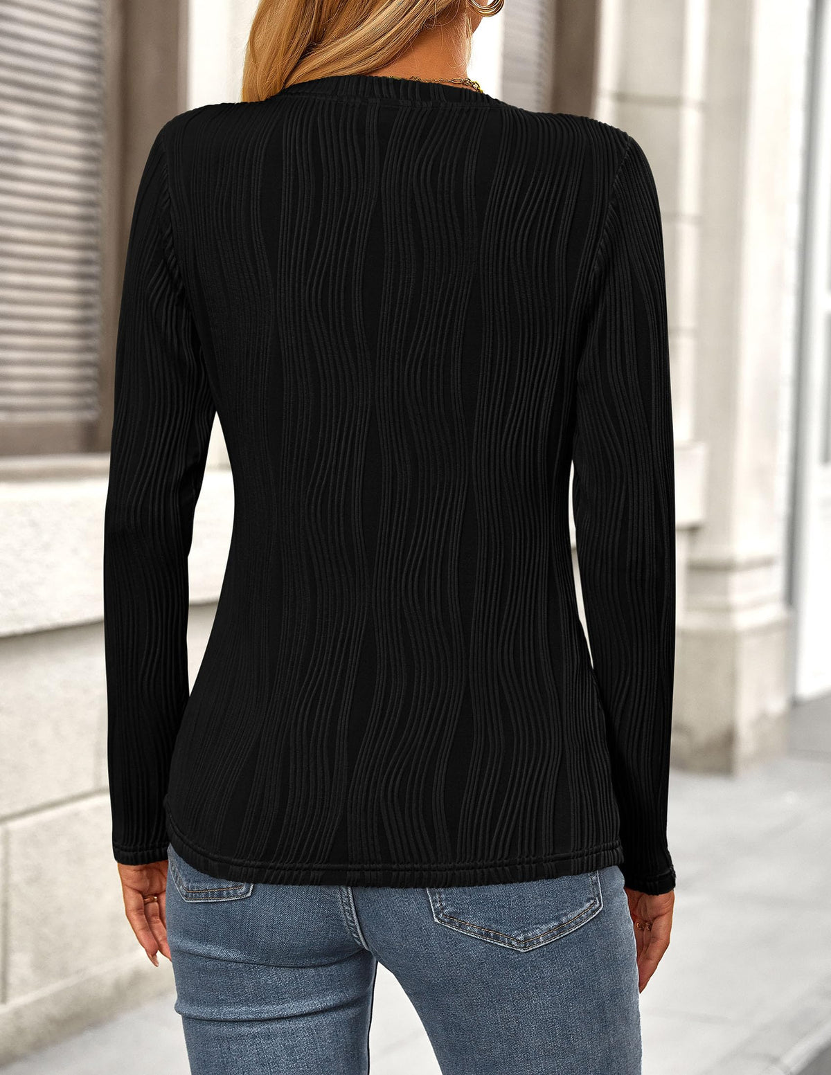 Women's Basic Plain Fall Long Sleeve Crewneck Textured Dressy Casual T-shirts