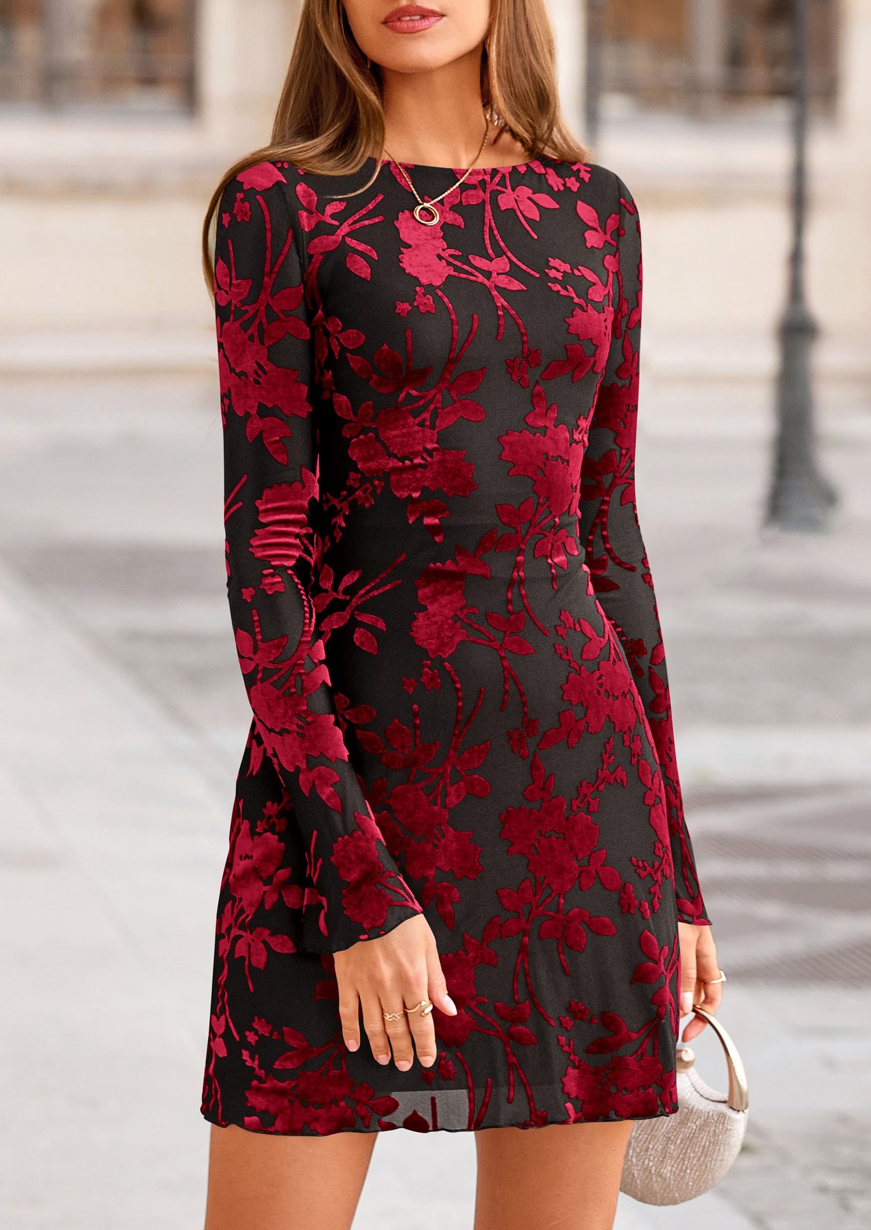 PRETTYGARDEN Women's Fall Fashion Floral Long Sleeve Mini Dress Mesh Bodycon Short Party Date Night Going Out Dresses