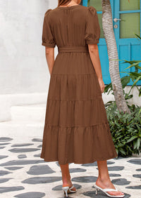 PRETTYGARDEN Women's Midi Dress Casual Short Sleeve V Neck Buttons Belted Ruffle A Line Flowy Dress with Pockets