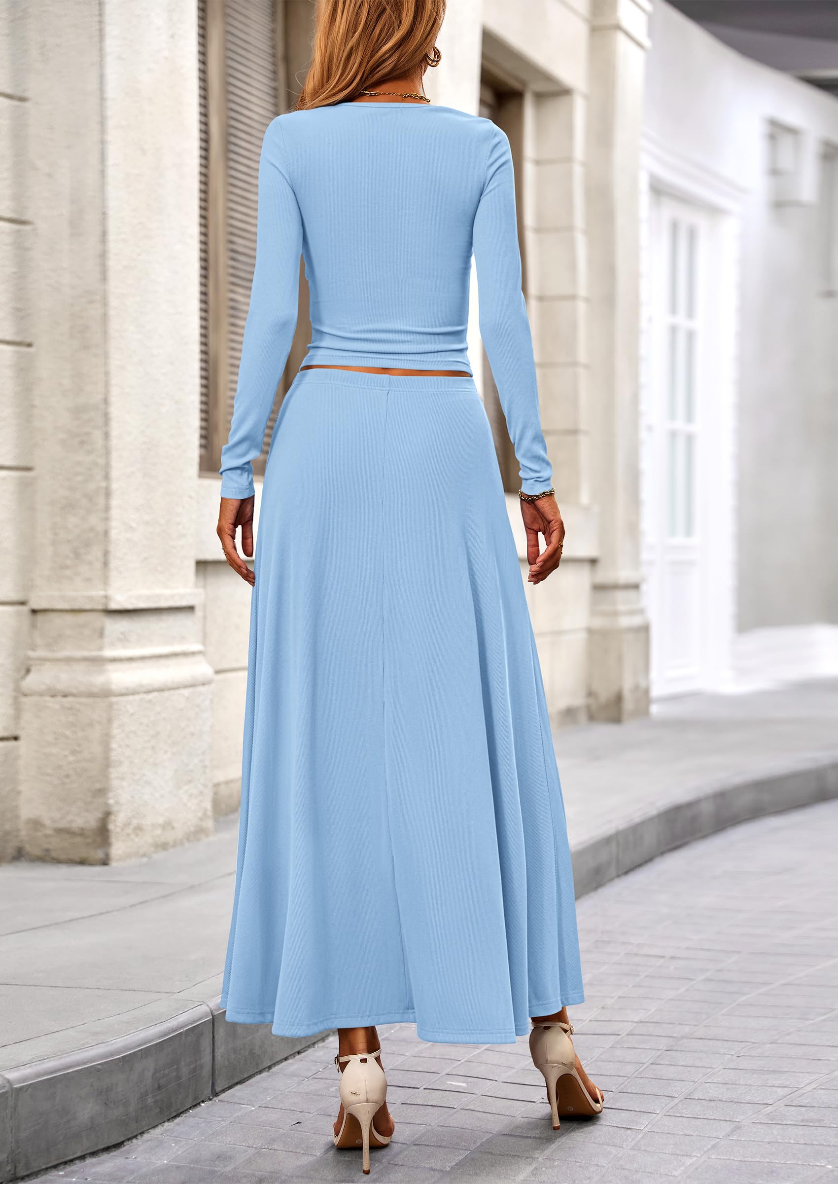 PRETTYGARDEN 2 Piece Casual Ribbed Knit Long Sleeve Crop Tops Maxi Flowy Skirts Matching Sets