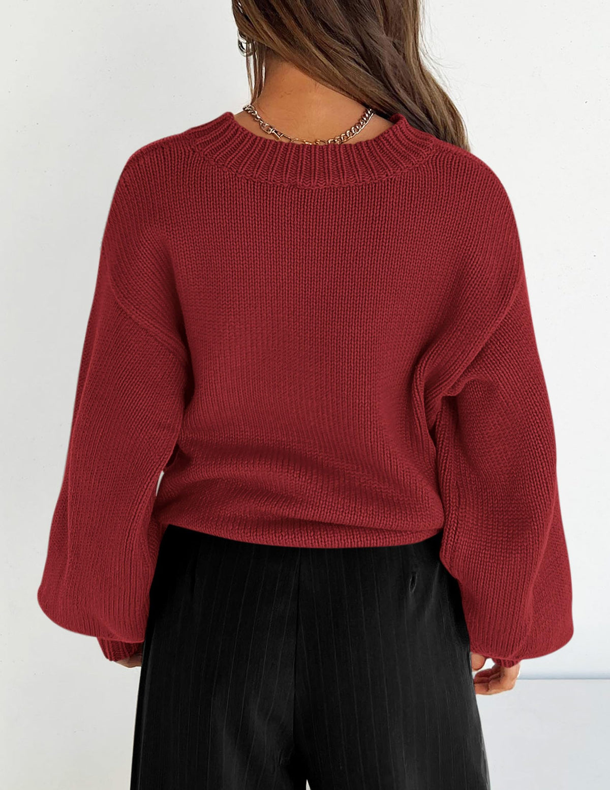 Women's 2024 Fall Chunky Knit Sweater Casual Long Lantern Sleeve Crewneck Pullover Jumper Tops