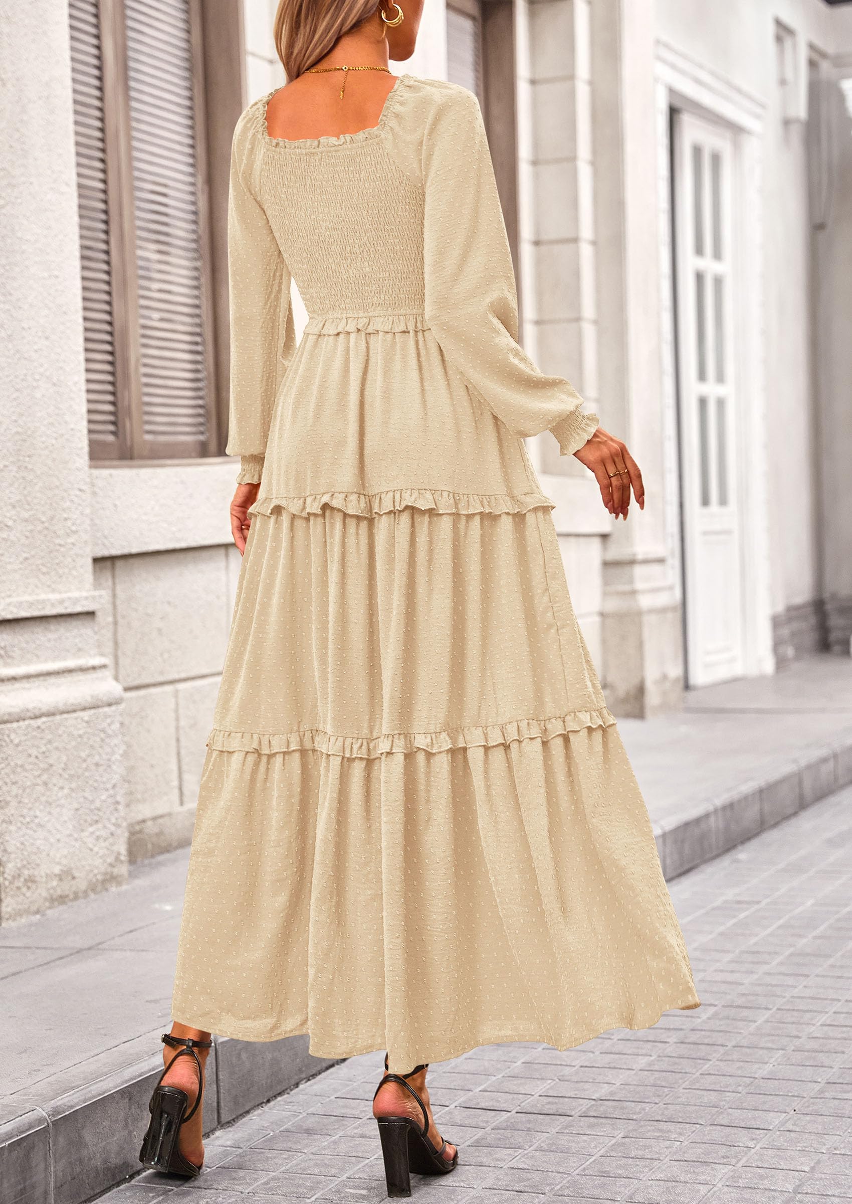 PRETTYGARDEN Women Fall Long Sleeve Smocked Maxi Dress Casual Square Neck Swiss Dot Tiered Ruffle Flowy Spring Pocket Dresses