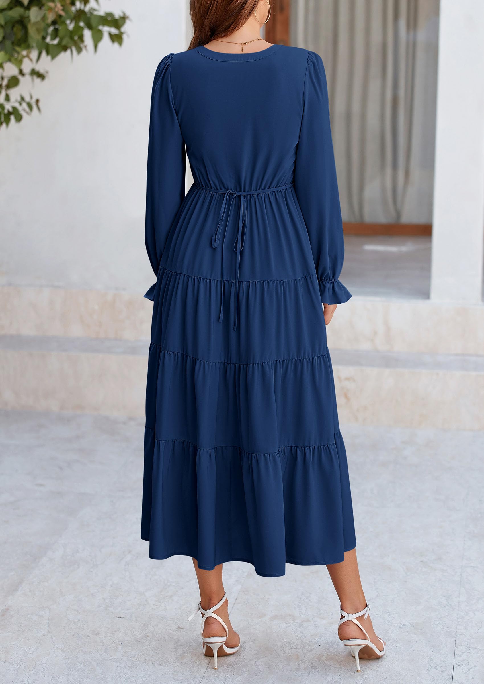 PRETTYGARDEN Women Fall Long Sleeve Smocked Maxi Dress Casual Square Neck Swiss Dot Tiered Ruffle Flowy Spring Pocket Dresses