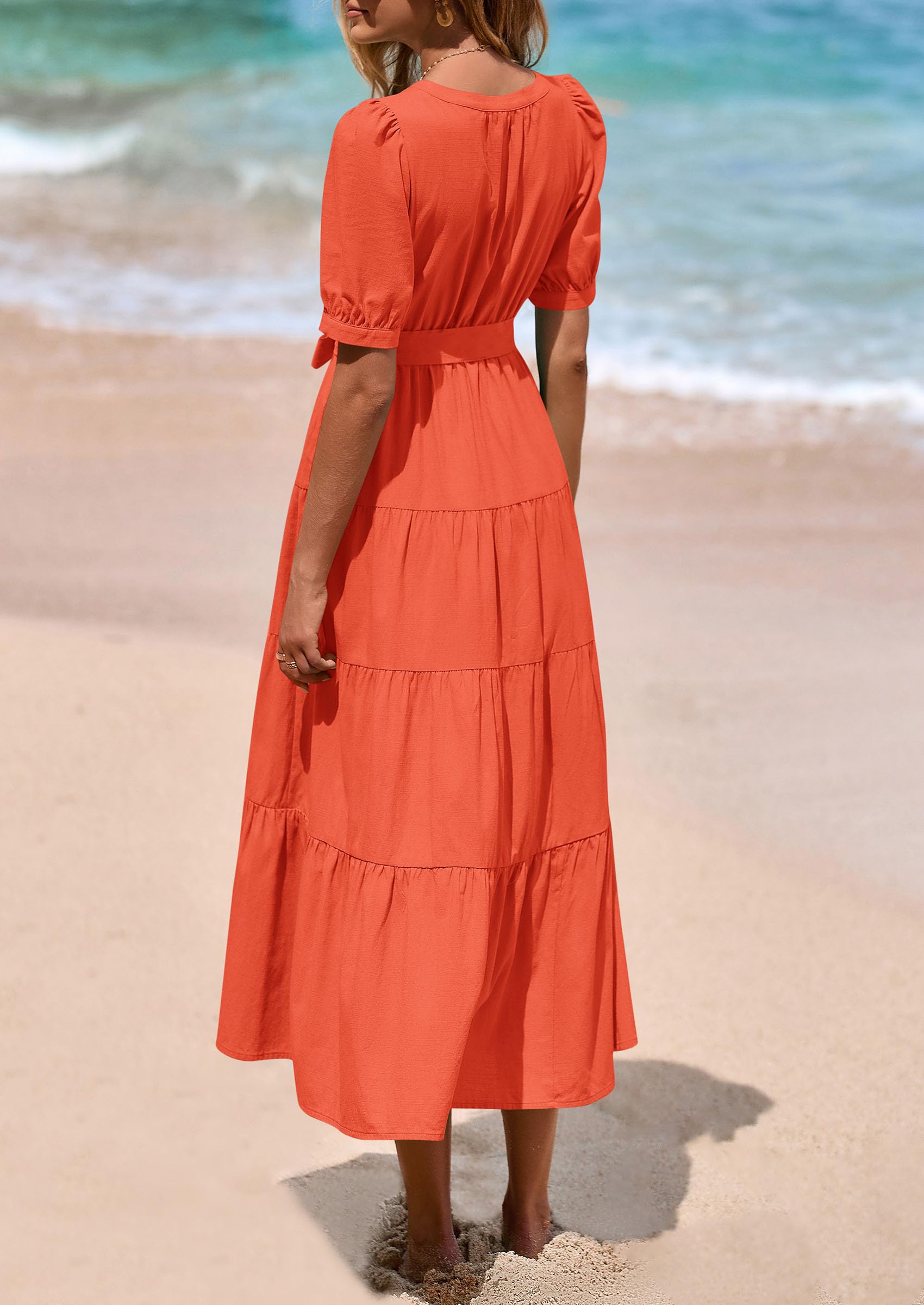 PRETTYGARDEN Women's Midi Dress Casual Short Sleeve V Neck Buttons Belted Ruffle A Line Flowy Dress with Pockets