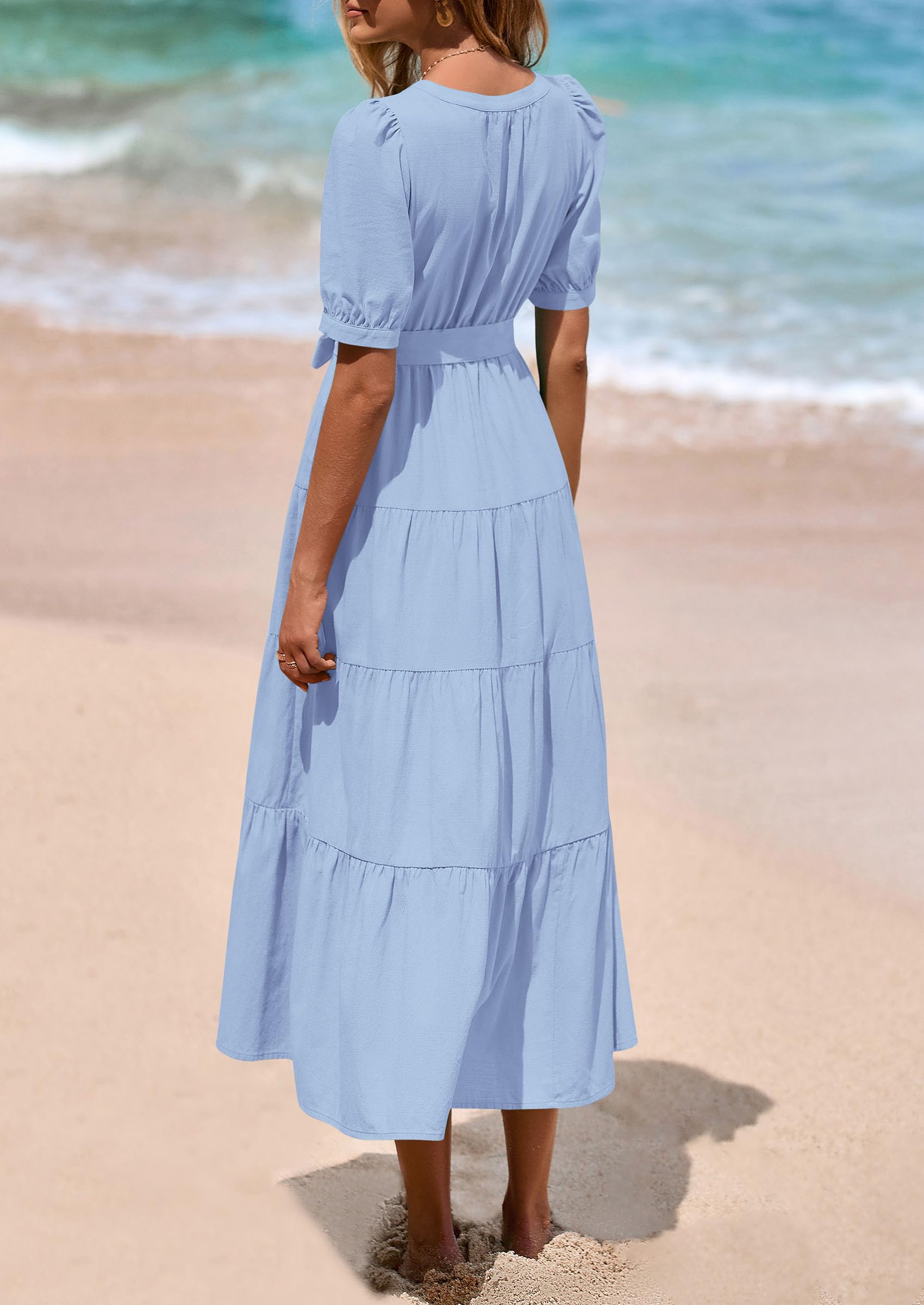 PRETTYGARDEN Women's Midi Dress Casual Short Sleeve V Neck Buttons Belted Ruffle A Line Flowy Dress with Pockets