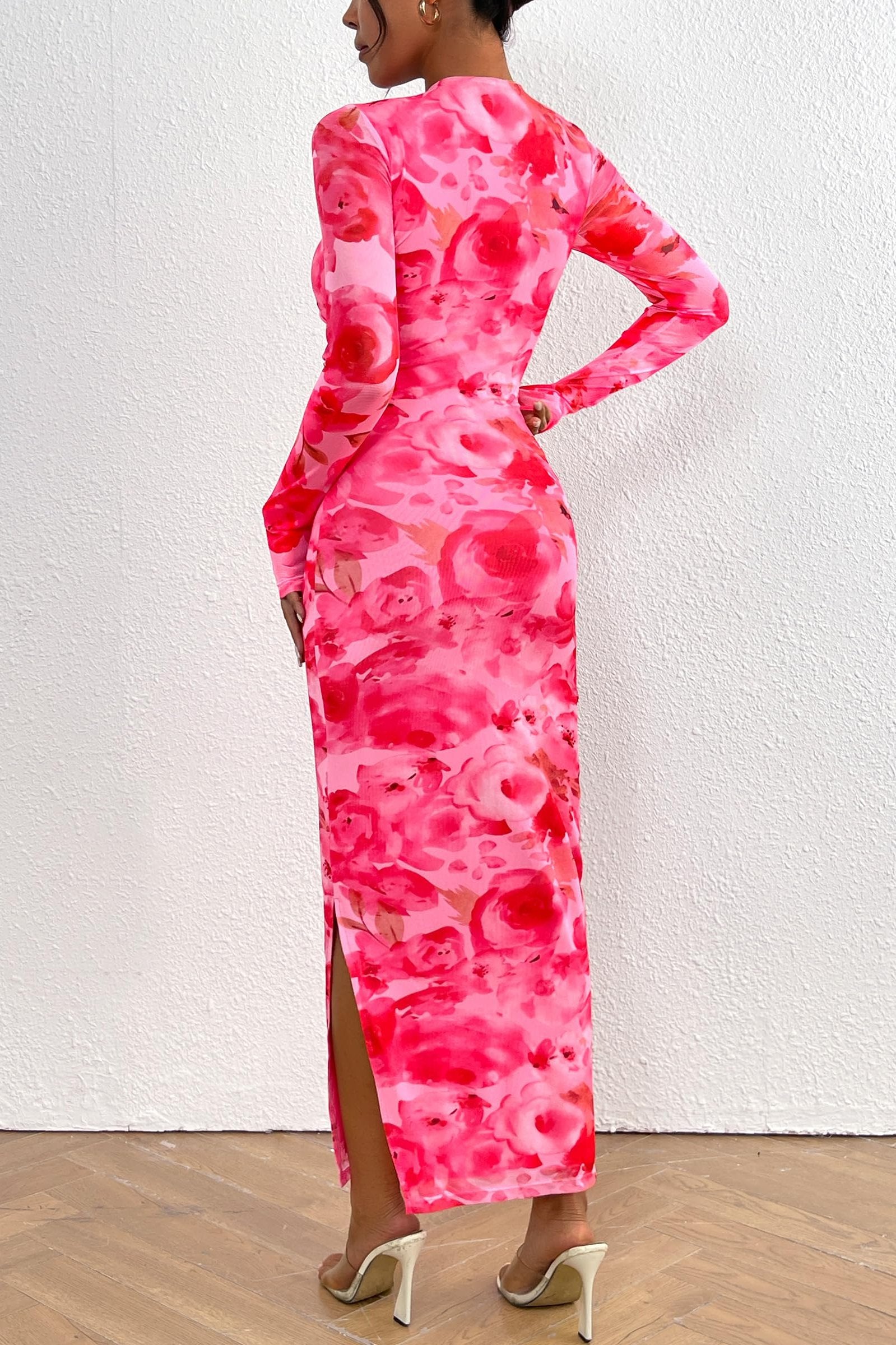 PRETTYGARDEN Women's Bodycon Maxi Dress Fall Spring Fashion Long Sleeve Floral Print Tight Fitted Party Club Ruched Dresses