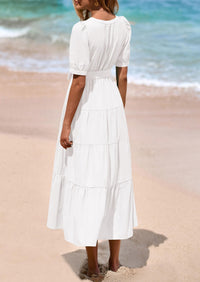 PRETTYGARDEN Women's Midi Dress Casual Short Sleeve V Neck Buttons Belted Ruffle A Line Flowy Dress with Pockets