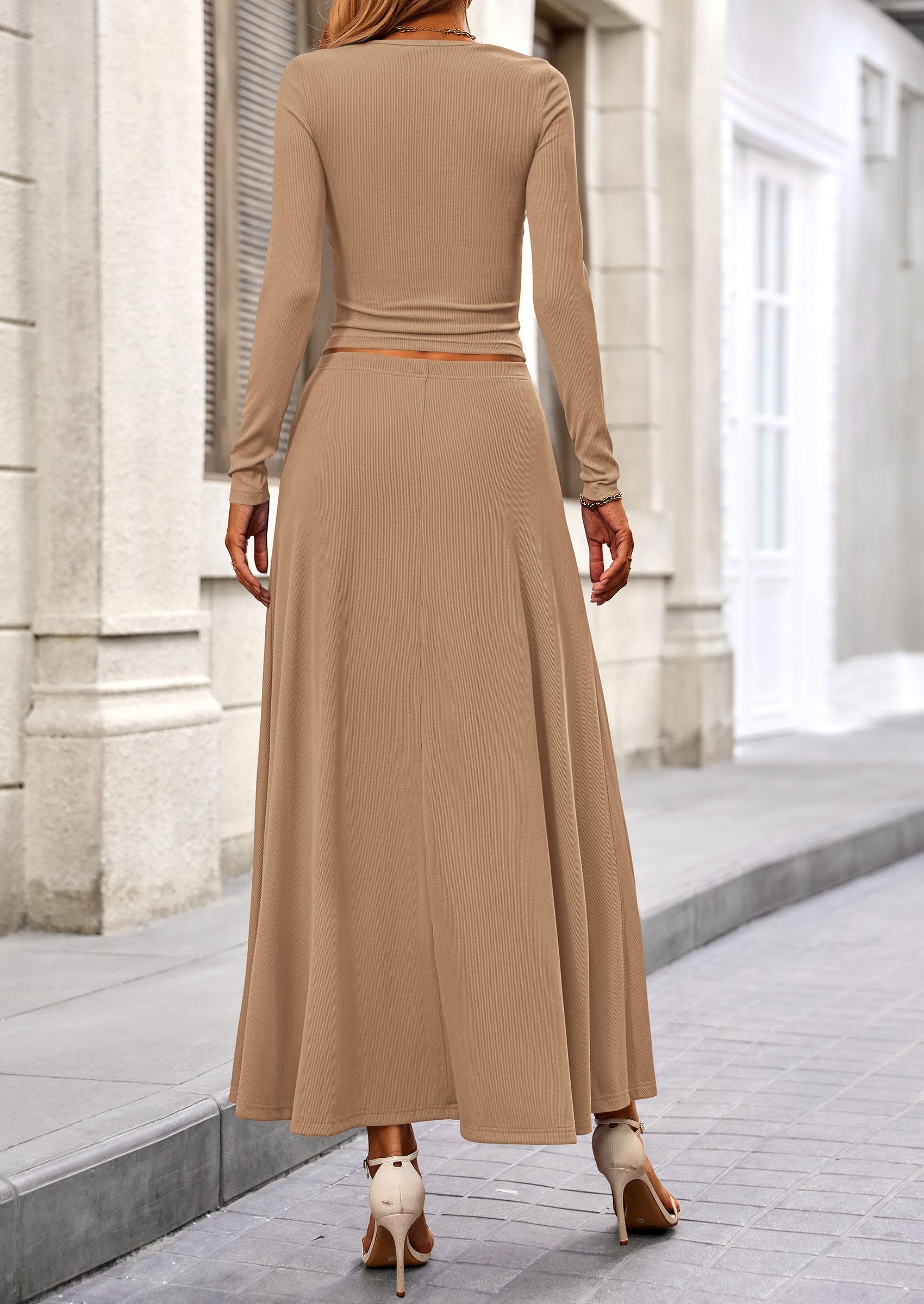 PRETTYGARDEN 2 Piece Casual Ribbed Knit Long Sleeve Crop Tops Maxi Flowy Skirts Matching Sets