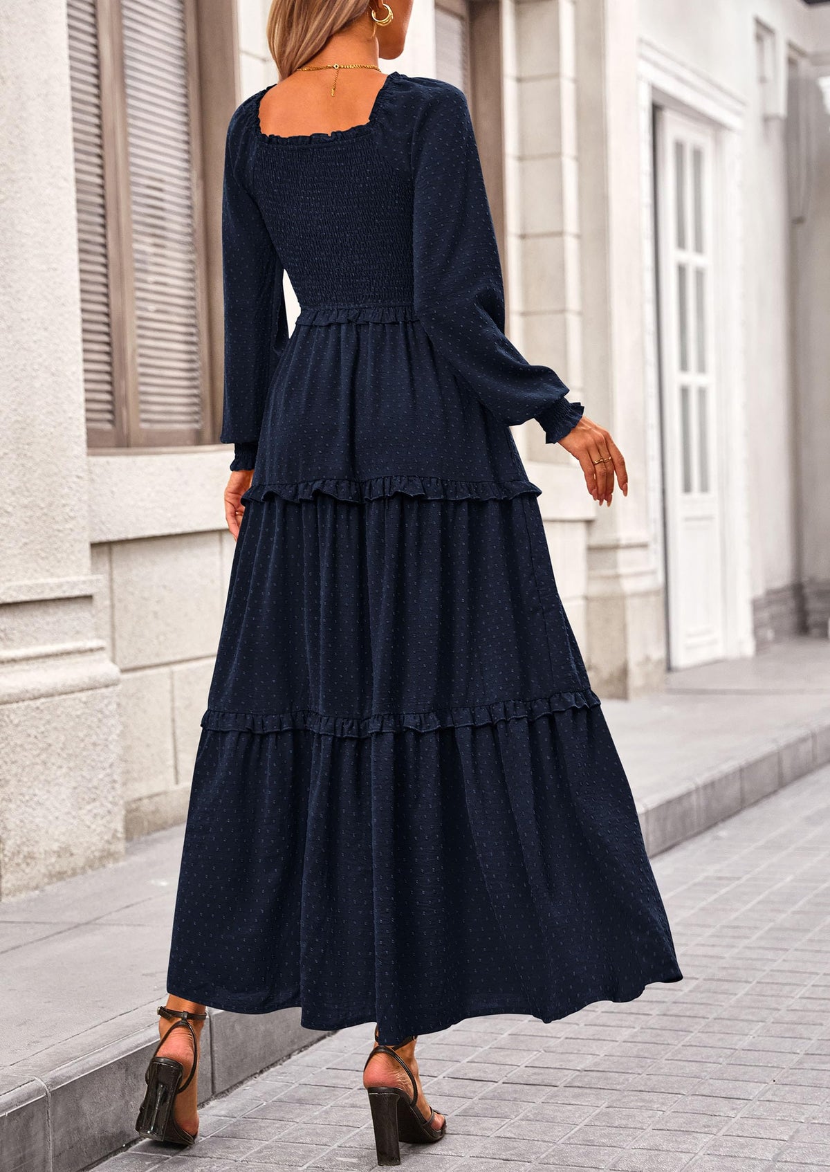 Women's Long Sleeve Smocked Maxi Dress Casual Square Neck Swiss Dot Tiered Ruffle Flowy Pocket Dresses