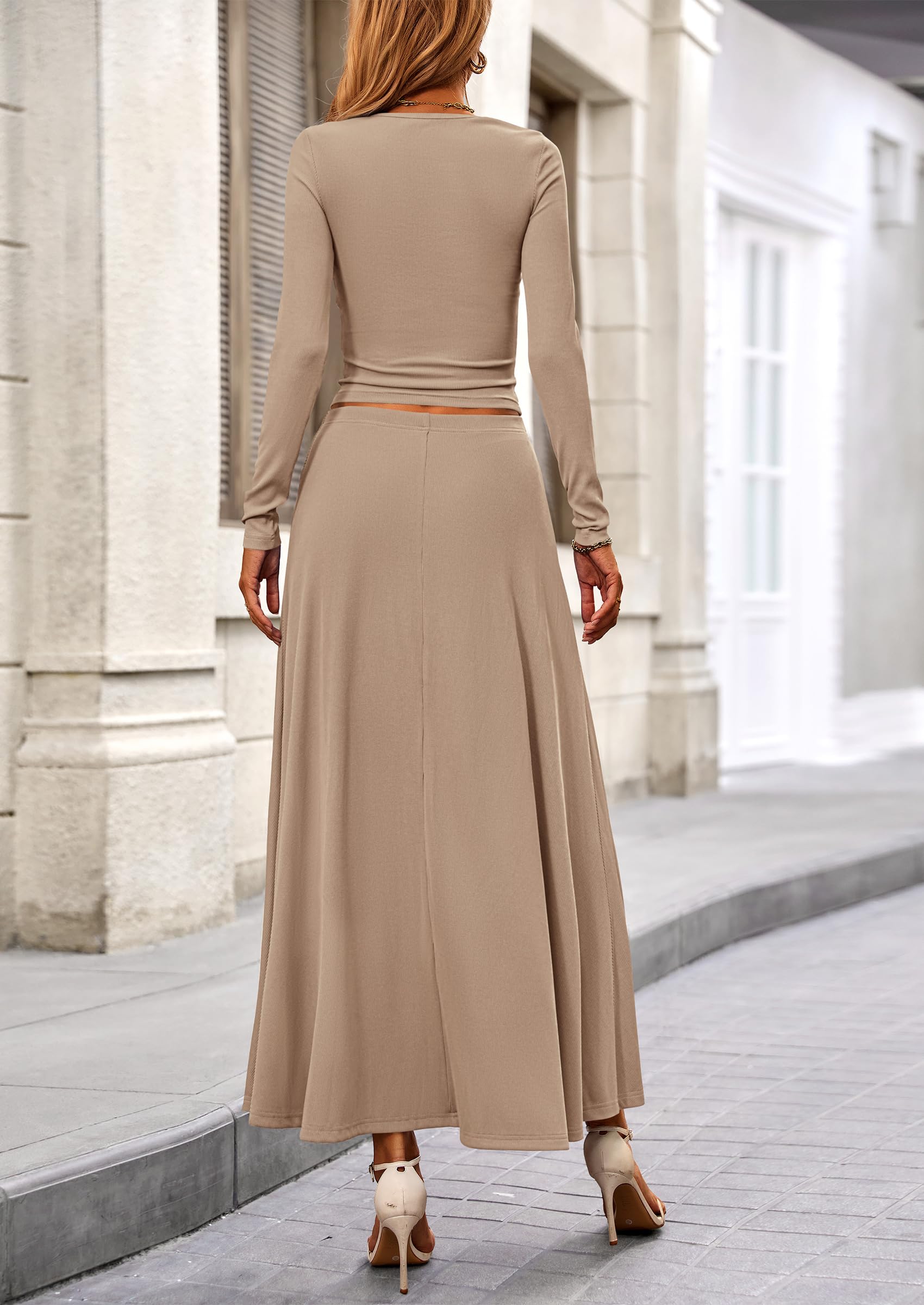 PRETTYGARDEN 2 Piece Casual Ribbed Knit Long Sleeve Crop Tops Maxi Flowy Skirts Matching Sets