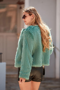 PRETTYGARDEN Women's Winter Coats Fleece Cropped Jacket Faux Fur Long Sleeve Pockets Shaggy Warm Outerwear Fall Clothes