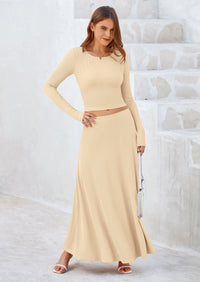 PRETTYGARDEN 2 Piece Casual Ribbed Knit Long Sleeve Crop Tops Maxi Flowy Skirts Matching Sets