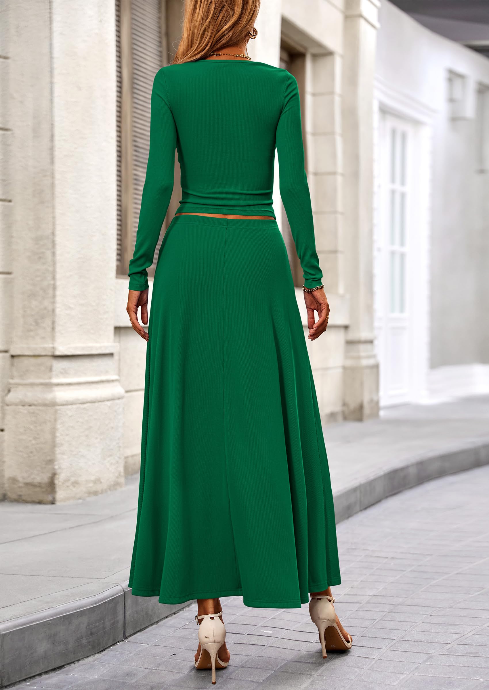 PRETTYGARDEN 2 Piece Casual Ribbed Knit Long Sleeve Crop Tops Maxi Flowy Skirts Matching Sets