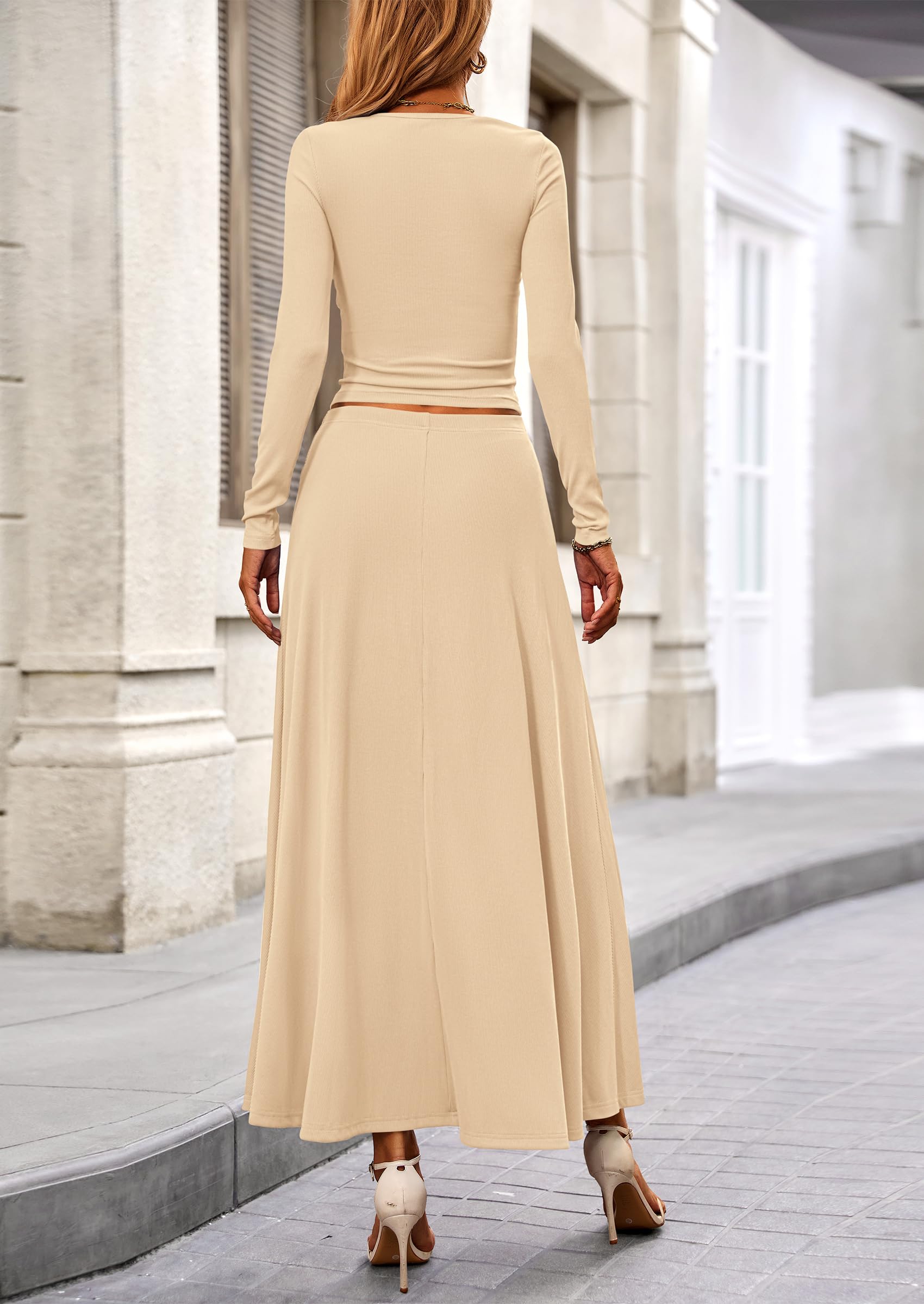 PRETTYGARDEN 2 Piece Casual Ribbed Knit Long Sleeve Crop Tops Maxi Flowy Skirts Matching Sets