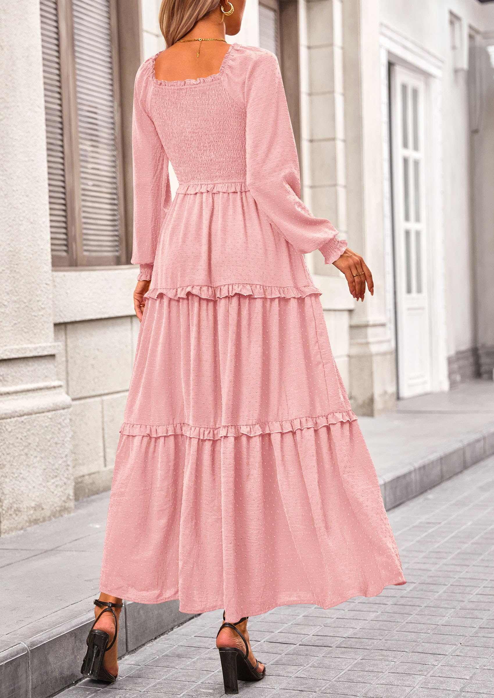 PRETTYGARDEN Women Fall Long Sleeve Smocked Maxi Dress Casual Square Neck Swiss Dot Tiered Ruffle Flowy Spring Pocket Dresses