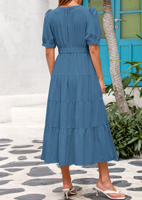 PRETTYGARDEN Women's Midi Dress Casual Short Sleeve V Neck Buttons Belted Ruffle A Line Flowy Dress with Pockets