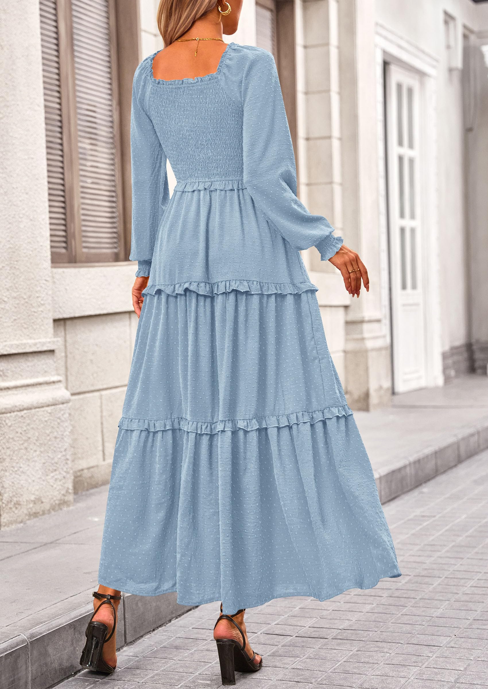 PRETTYGARDEN Women Fall Long Sleeve Smocked Maxi Dress Casual Square Neck Swiss Dot Tiered Ruffle Flowy Spring Pocket Dresses