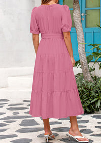 PRETTYGARDEN Women's Midi Dress Casual Short Sleeve V Neck Buttons Belted Ruffle A Line Flowy Dress with Pockets