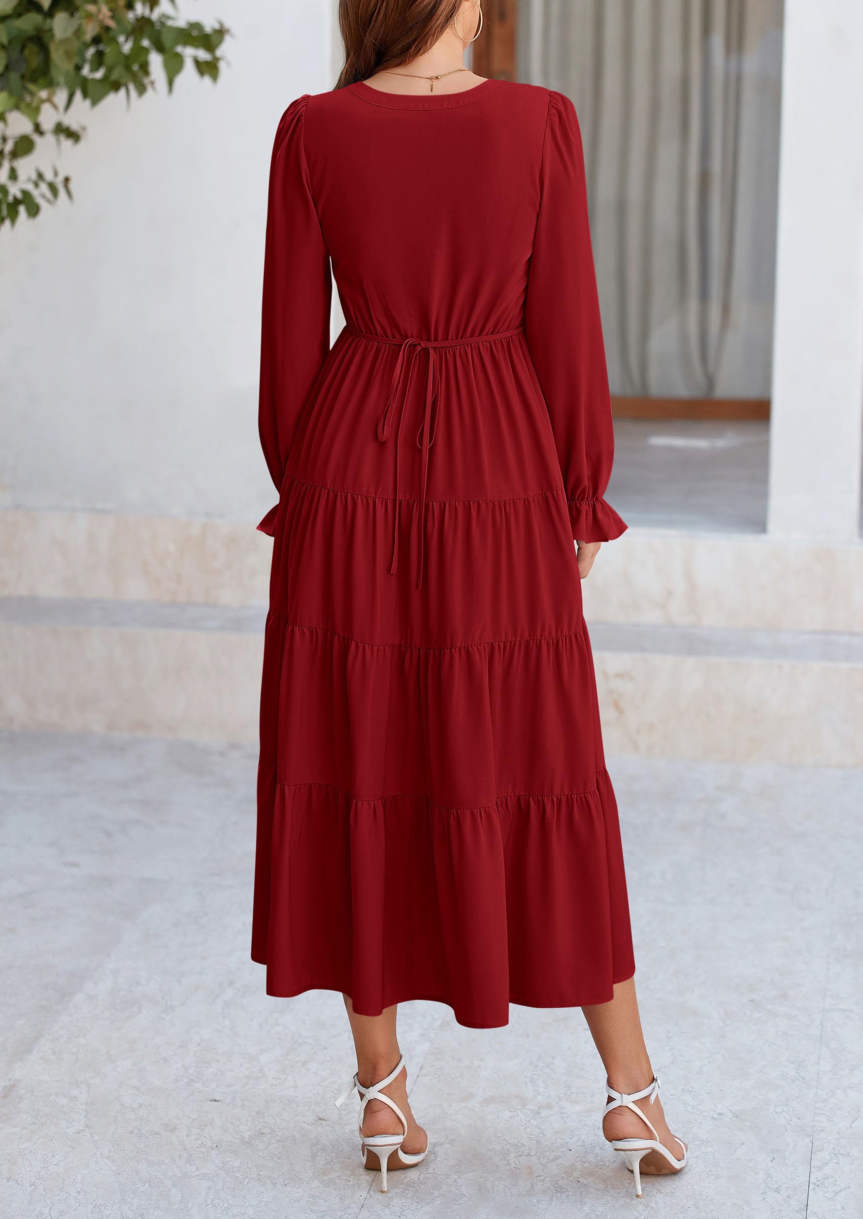 PRETTYGARDEN Women Fall Long Sleeve Smocked Maxi Dress Casual Square Neck Swiss Dot Tiered Ruffle Flowy Spring Pocket Dresses