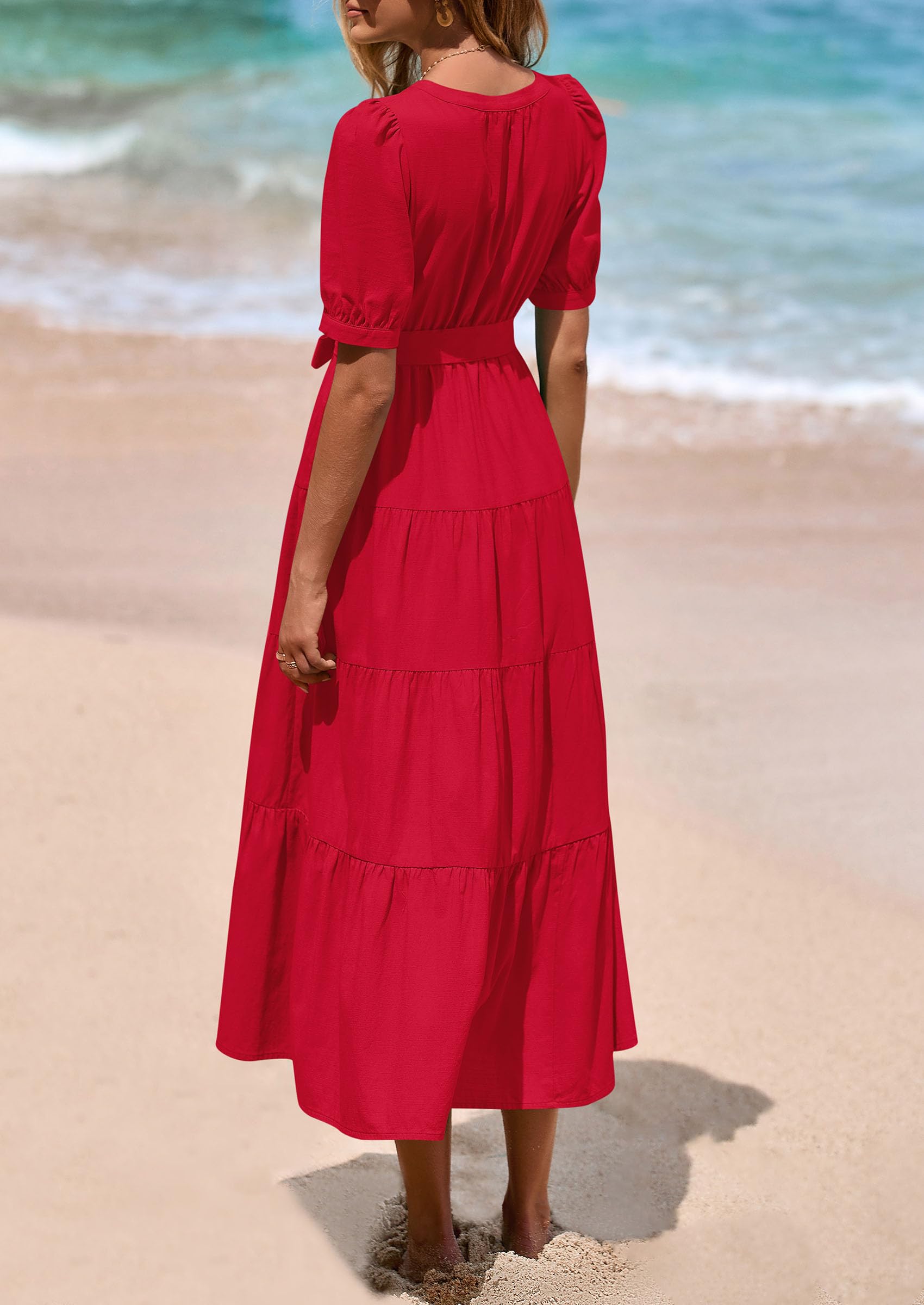 PRETTYGARDEN Women's Midi Dress Casual Short Sleeve V Neck Buttons Belted Ruffle A Line Flowy Dress with Pockets