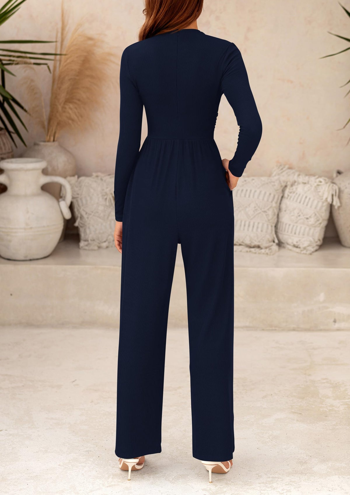 Women's Jumpsuit Dressy Casual One Piece Outfits Long Sleeve Mock Neck Wide Leg Pants Rompers