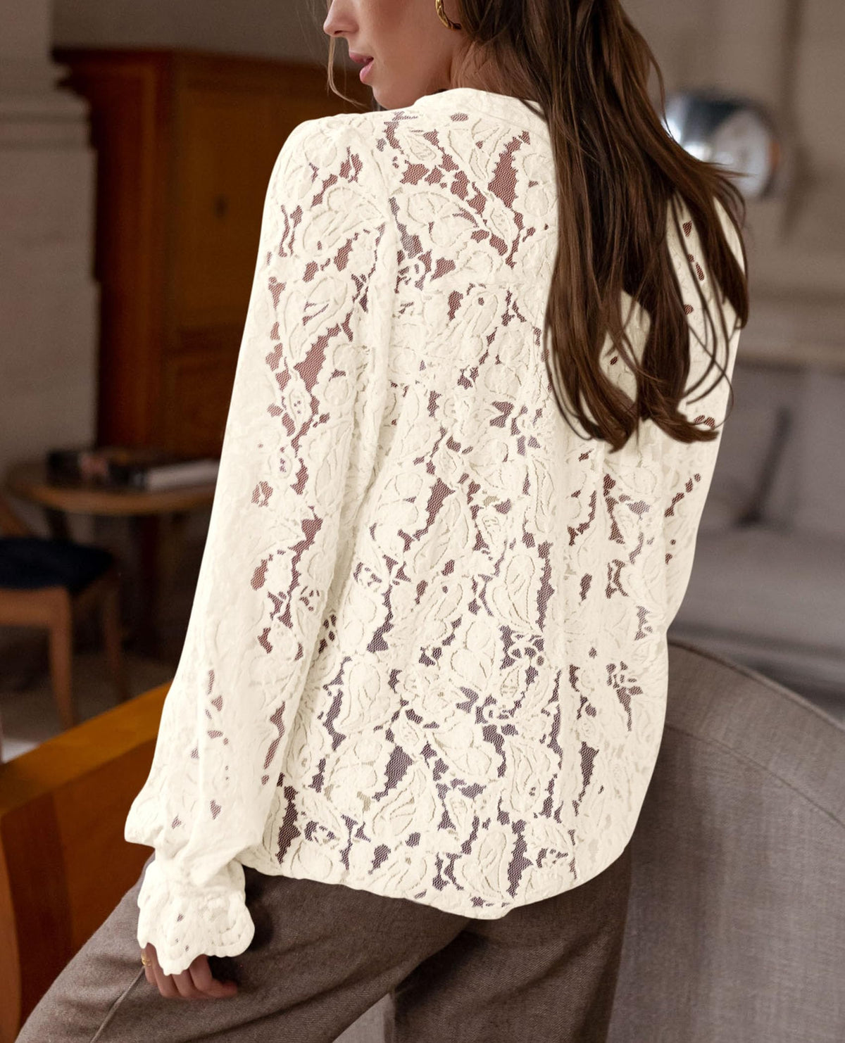 Women's Dressy Casual Lace Blouse Long Sleeve Button Up Shirts Tops Fall Fashion Clothes