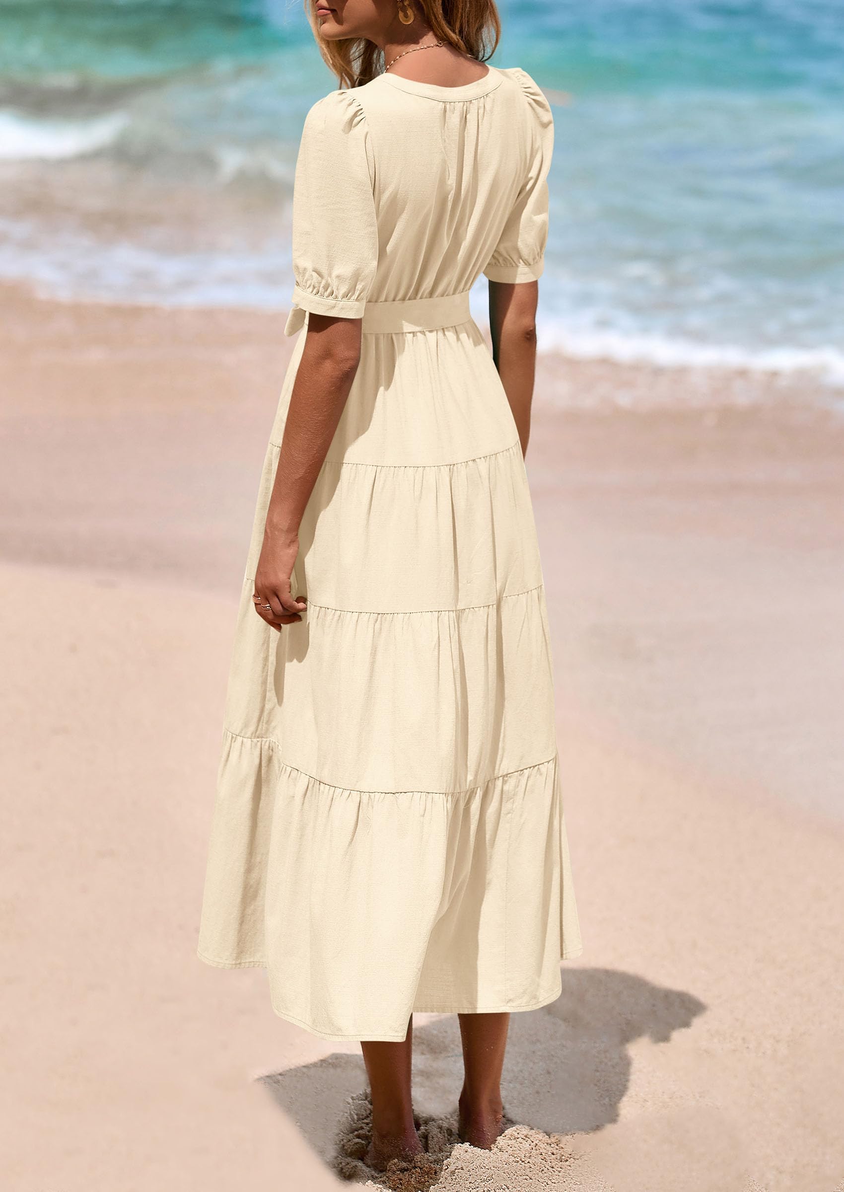 PRETTYGARDEN Women's Midi Dress Casual Short Sleeve V Neck Buttons Belted Ruffle A Line Flowy Dress with Pockets