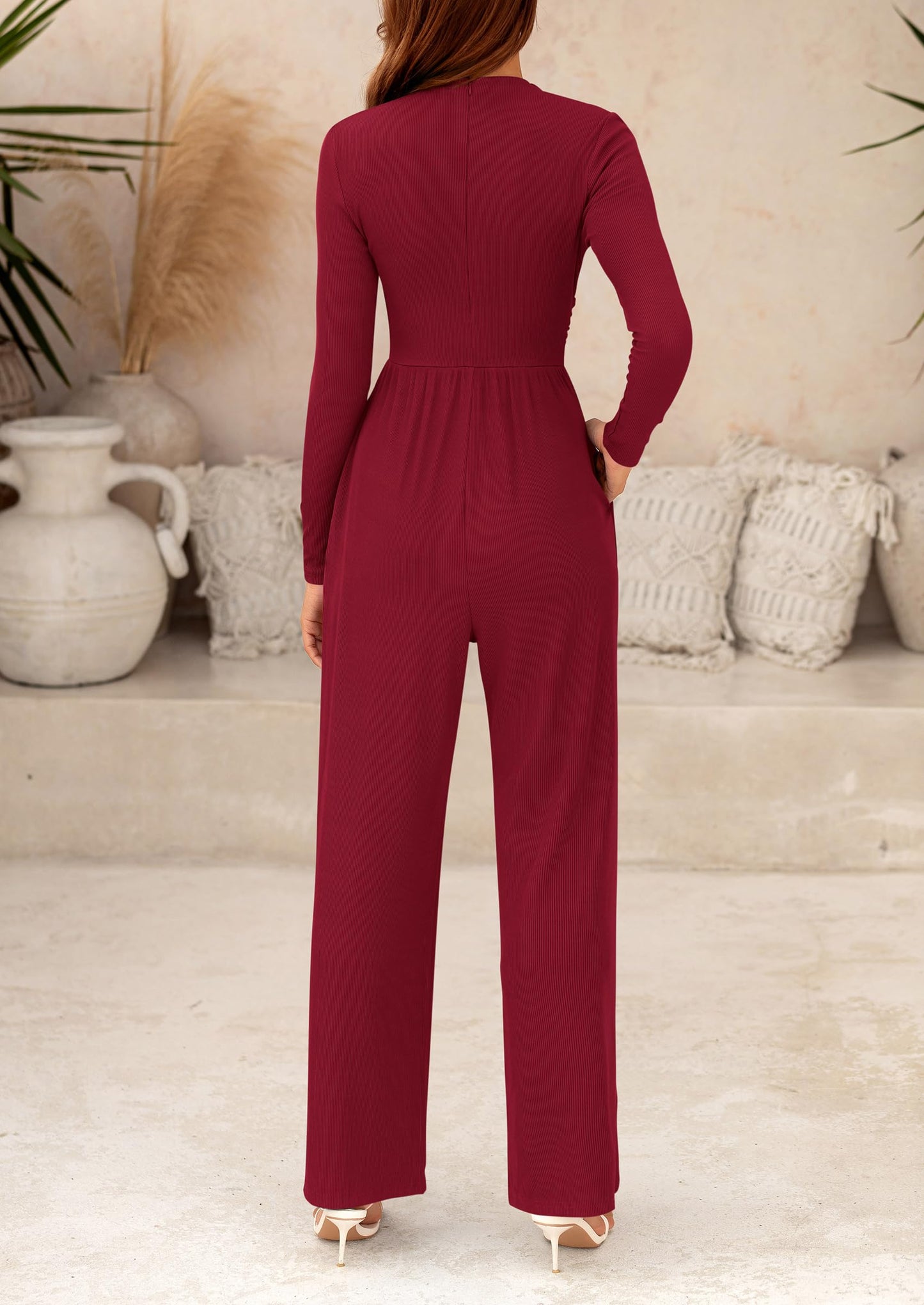 Women's Jumpsuit Dressy Casual One Piece Outfits Long Sleeve Mock Neck Wide Leg Pants Rompers