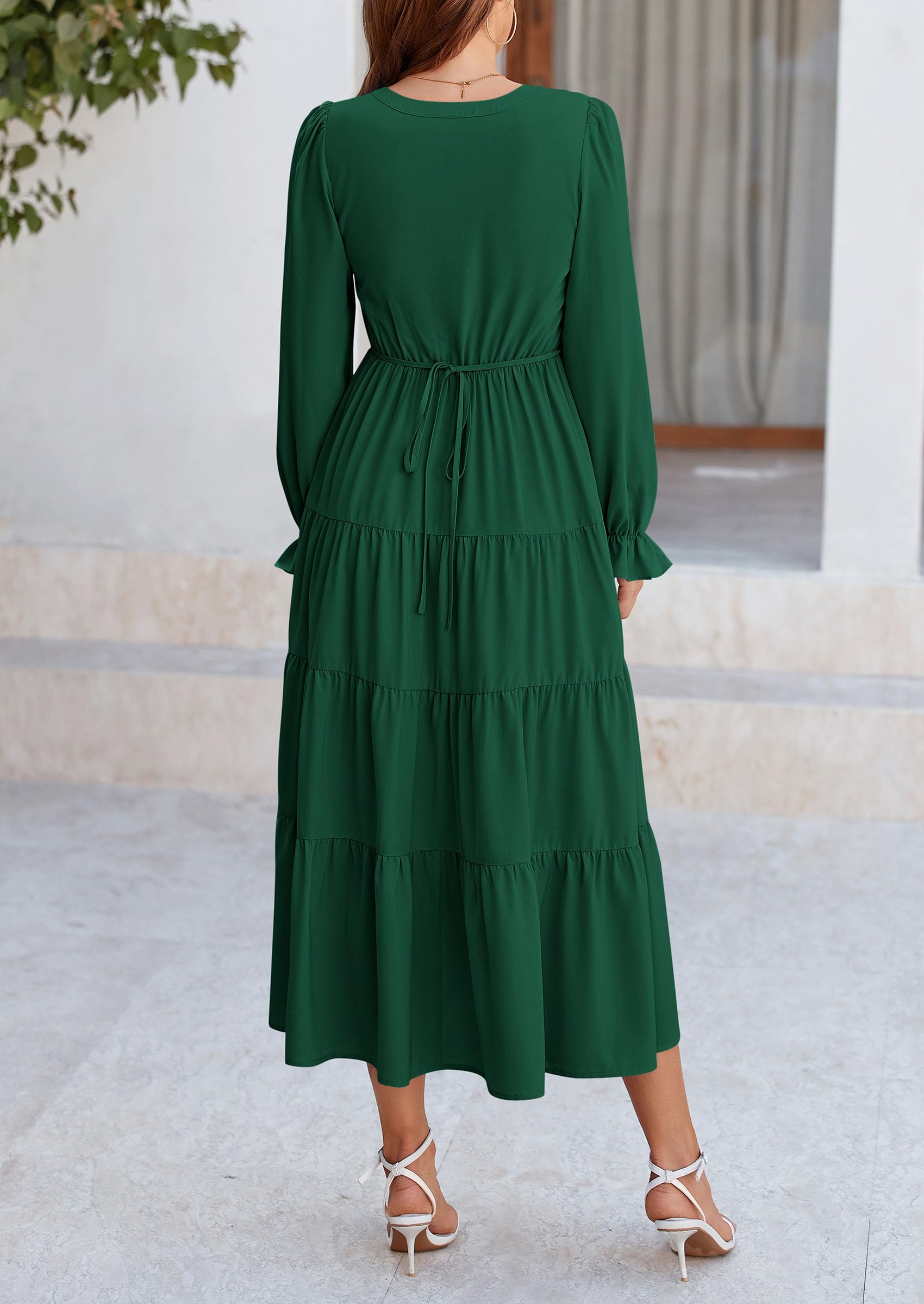 PRETTYGARDEN Women Fall Long Sleeve Smocked Maxi Dress Casual Square Neck Swiss Dot Tiered Ruffle Flowy Spring Pocket Dresses