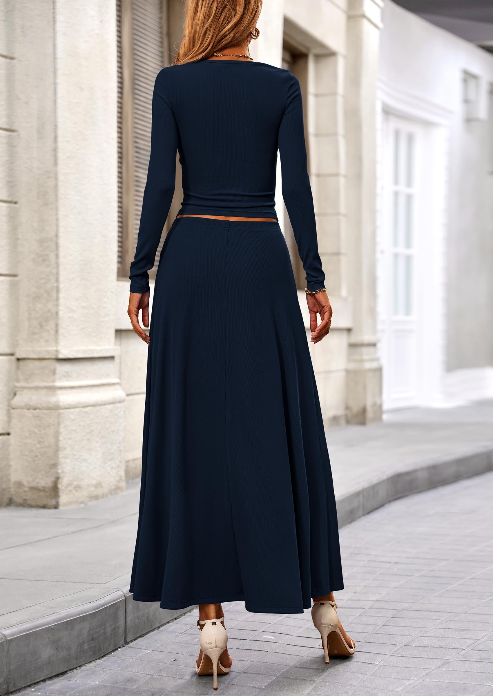 PRETTYGARDEN 2 Piece Casual Ribbed Knit Long Sleeve Crop Tops Maxi Flowy Skirts Matching Sets