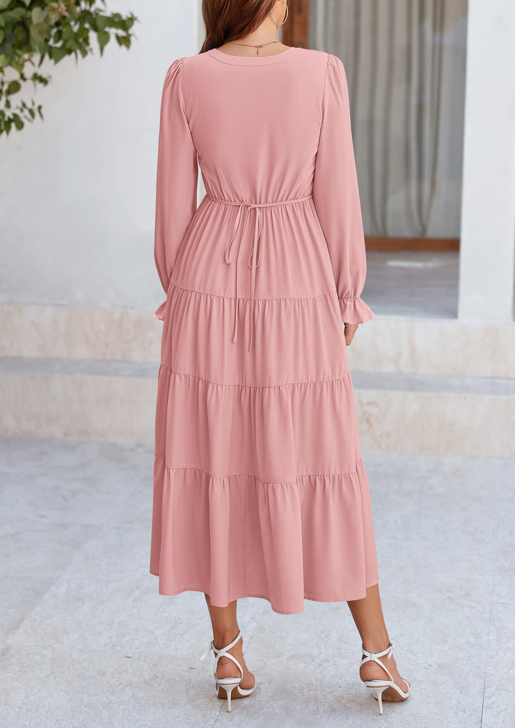 PRETTYGARDEN Women Fall Long Sleeve Smocked Maxi Dress Casual Square Neck Swiss Dot Tiered Ruffle Flowy Spring Pocket Dresses