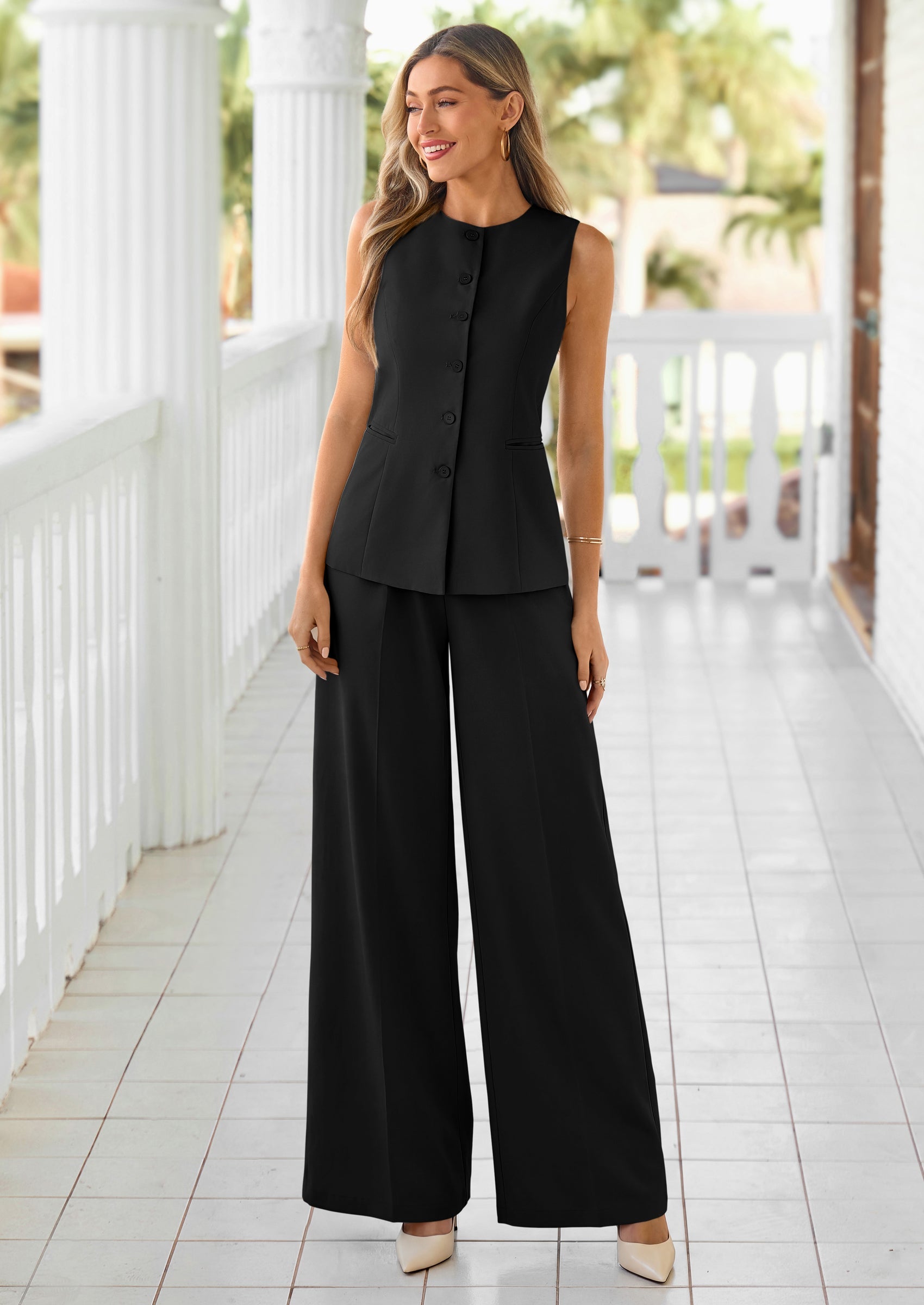 PRETTYGARDEN Women's 2 Piece Sets Summer Work Clothes Sleeveless Blazer Vest Pants Suits Spring Business Casual Outfits PRETTYGARDEN