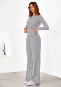 PRETTYGARDEN Casual Two Piece Sets for Women Fall Outfits Asymmetrical Off Shoulder Tops Wide Leg Pants Knit Lounge Set