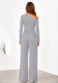 PRETTYGARDEN Casual Two Piece Sets for Women Fall Outfits Asymmetrical Off Shoulder Tops Wide Leg Pants Knit Lounge Set