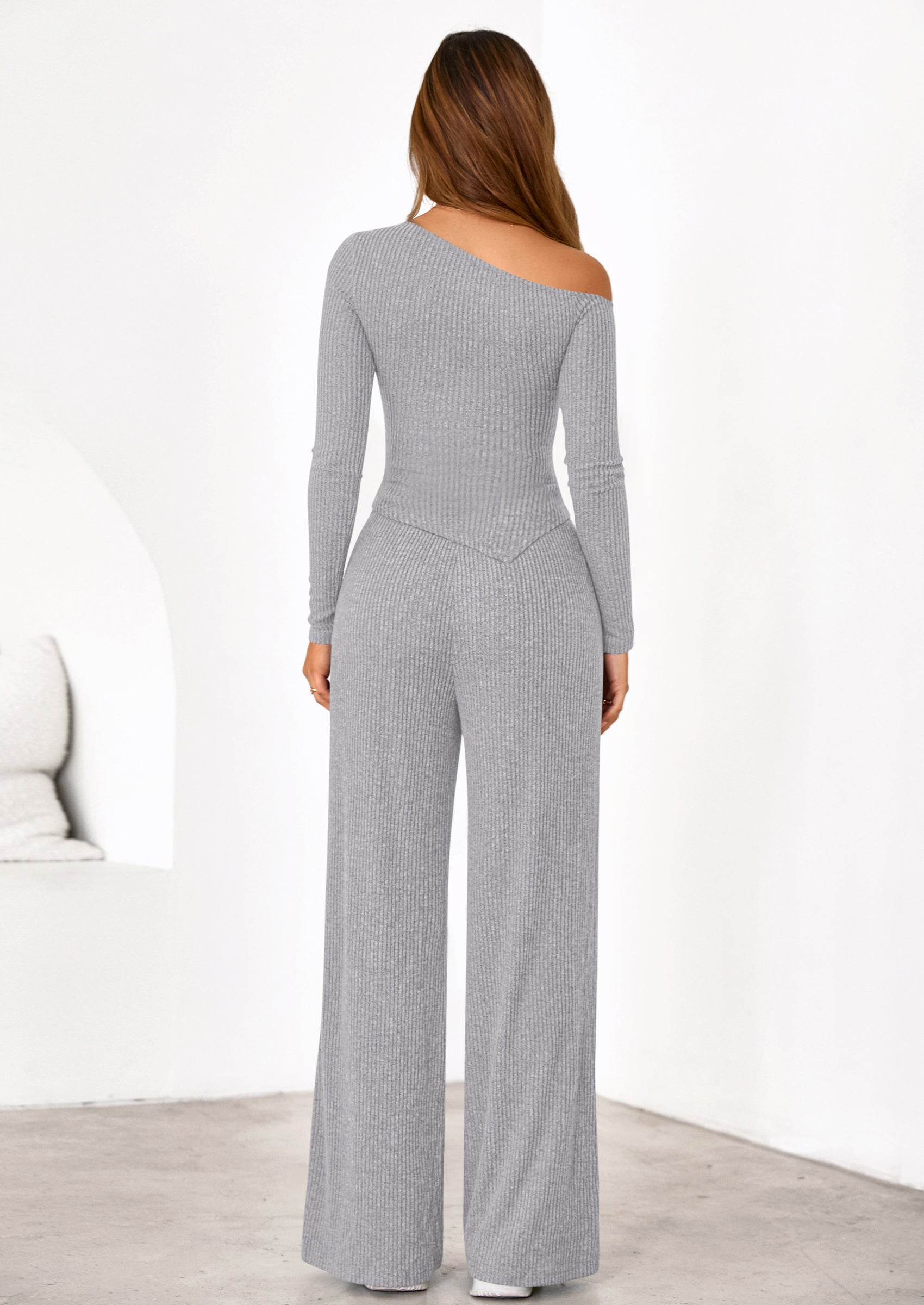 PRETTYGARDEN Casual Two Piece Sets for Women Fall Outfits Asymmetrical Off Shoulder Tops Wide Leg Pants Knit Lounge Set