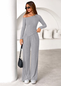 PRETTYGARDEN Casual Two Piece Sets for Women Fall Outfits Asymmetrical Off Shoulder Tops Wide Leg Pants Knit Lounge Set
