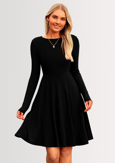 PRETTYGARDEN Women's Spring Fall Short Dress Ribbed Knit Crewneck Long Sleeve A Line Flowy Casual Elegant Going Out Dresses