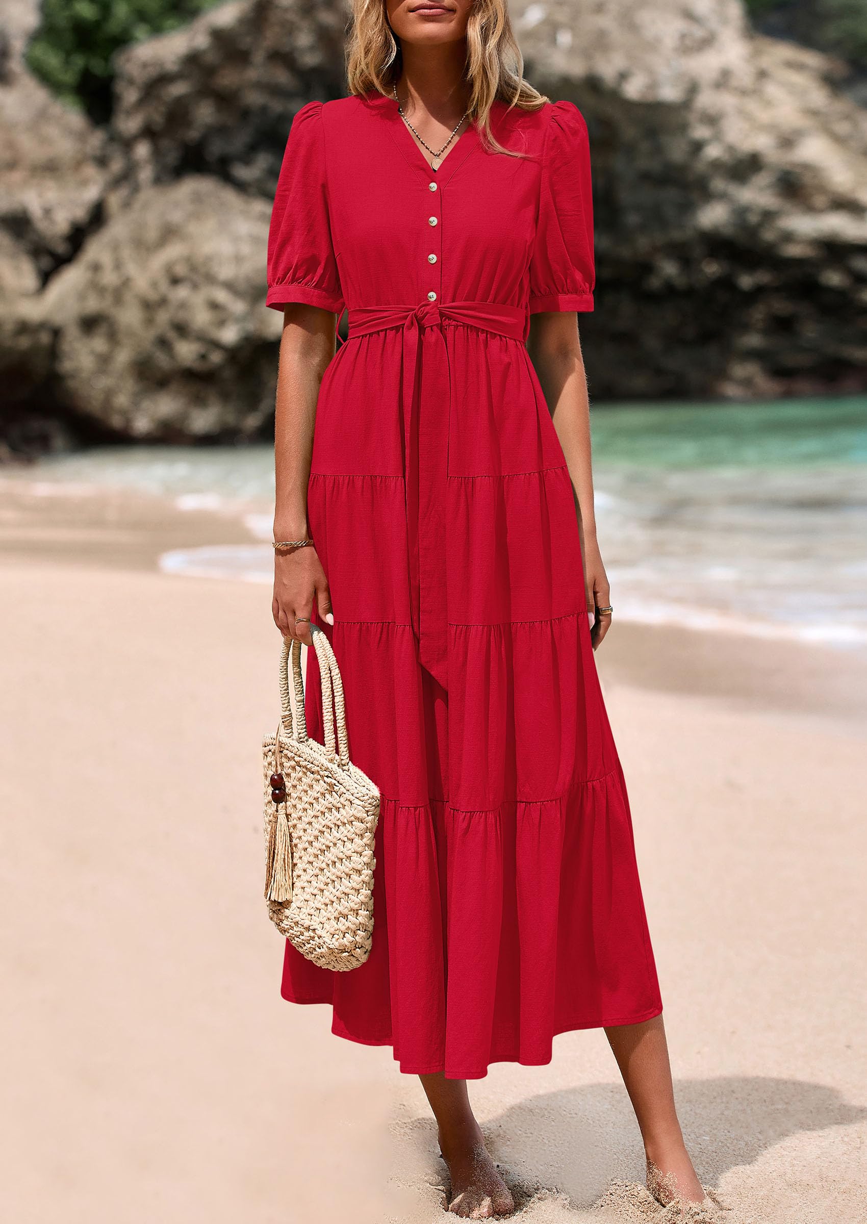 PRETTYGARDEN Women's Midi Dress Casual Short Sleeve V Neck Buttons Belted Ruffle A Line Flowy Dress with Pockets