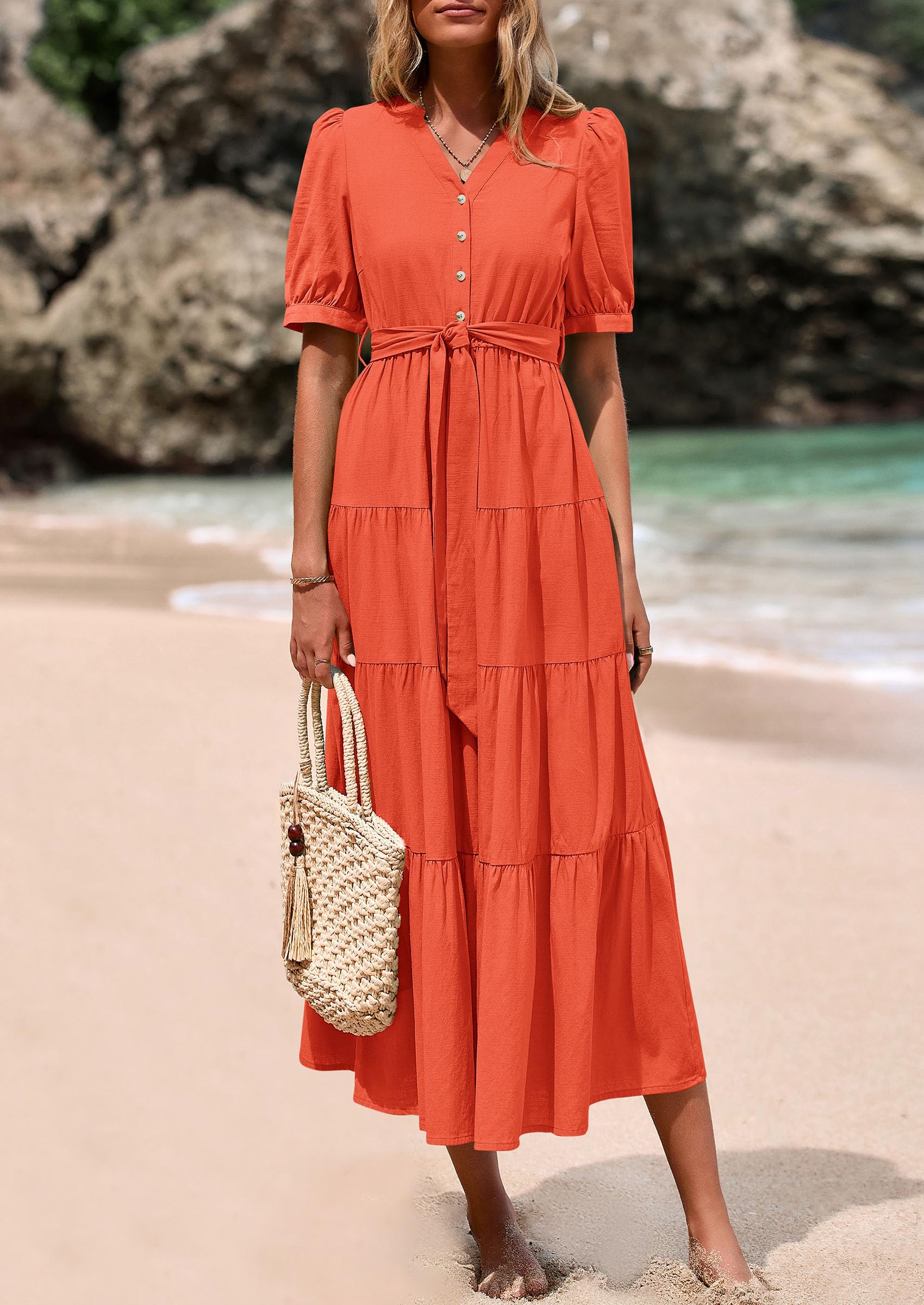 PRETTYGARDEN Women's Midi Dress Casual Short Sleeve V Neck Buttons Belted Ruffle A Line Flowy Dress with Pockets