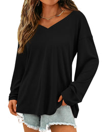 Fall Fashion Casual Long Sleeve V Neck Tunic Loose Basic T-shirts