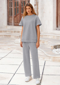 PRETTYGARDEN 2 Piece Outfits For Women Casual Tracksuit Short Sleeve Tops And Wide Leg Long Pants Matching Lounge Sets