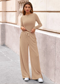 PRETTYGARDEN Women's 2 Piece Lounge Sets Fall Fashion Long Sleeve Crop Top Wide Leg Pants Matching Sets Clothing