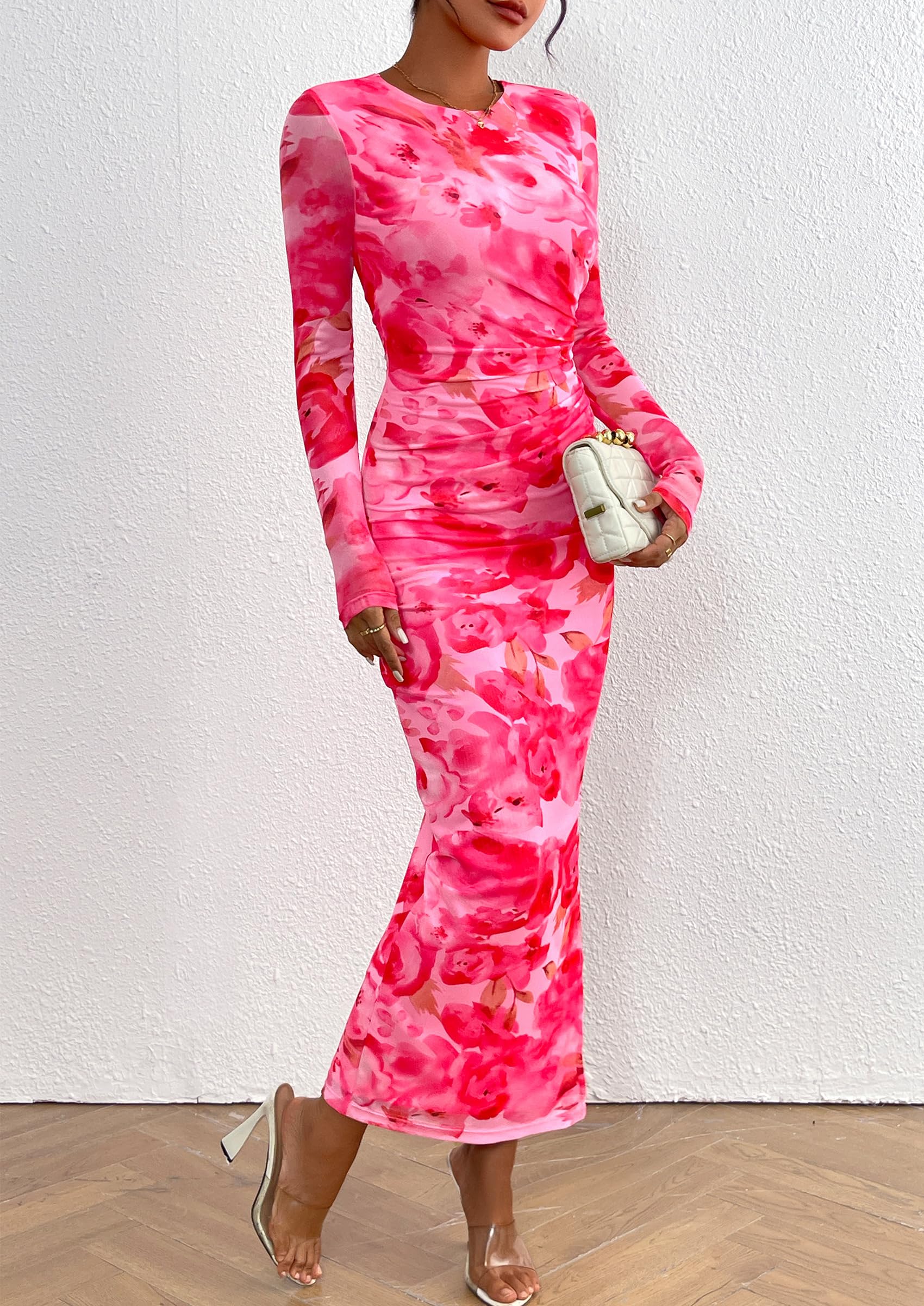 PRETTYGARDEN Women's Bodycon Maxi Dress Fall Spring Fashion Long Sleeve Floral Print Tight Fitted Party Club Ruched Dresses